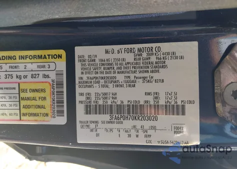 2019 Ford Fusion Se из США, поврежденный, VIN 3FA6P0H70KR203020